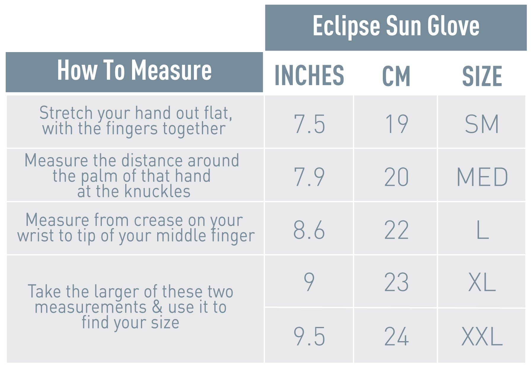 eclipse paddle gloves size guide