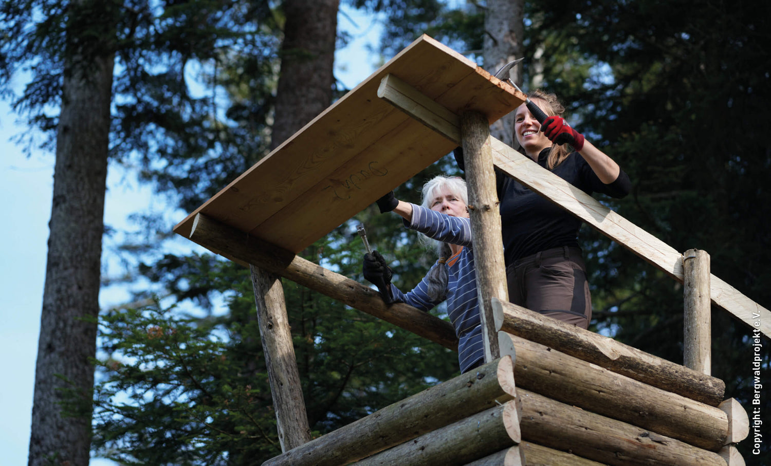 Two people are standing on a wooden platform structure in the forest, working together on it. 